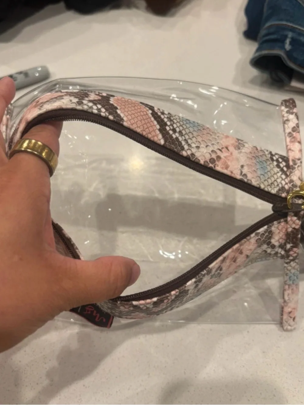 Makeup Junkie Bags Clear Cosmetic Pouch with Pink Snake-Print Trim